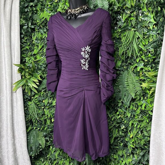 JJ's House Women Dress 6 Purple Formal Short Pleated Stoned Wedding 1658 - Picture 4 of 14
